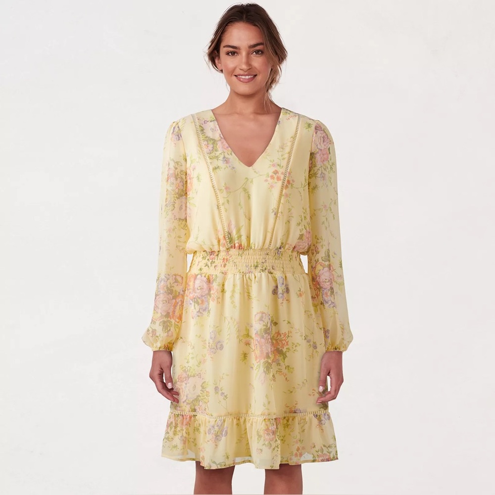 LC Lauren Conrad V-Neck Flounce Dress Yellow Floral Chiffon Size XL - Picture 2 of 7
